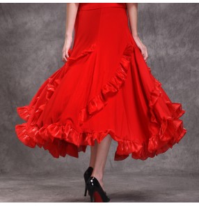 Black red women's ladies female ruffles competition performance long length ballroom tango waltz dance skirts